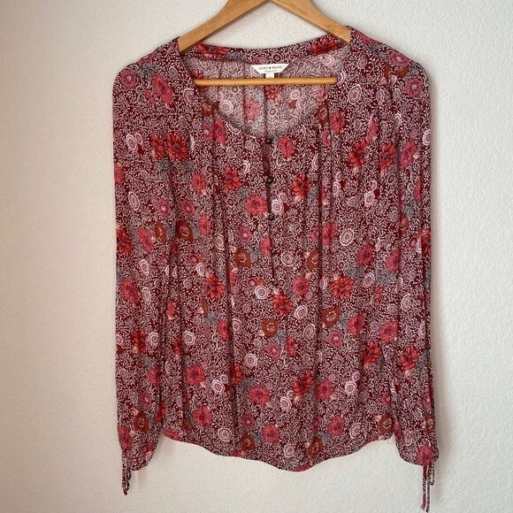Lucky Brand Red Floral Peasant Loose Fitting Button Front Blouse - Size Small - Picture 1 of 7